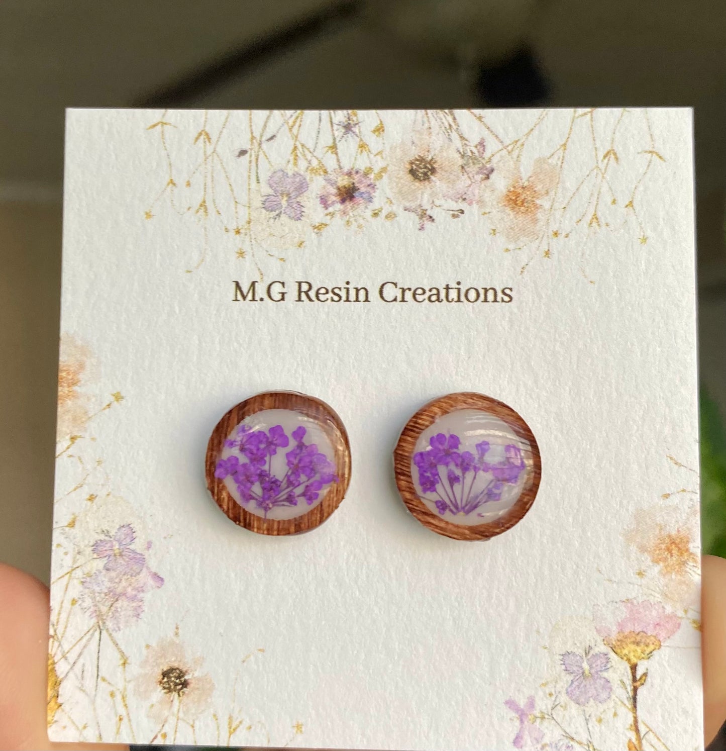 Purple Queen Anne’s lace wood studs